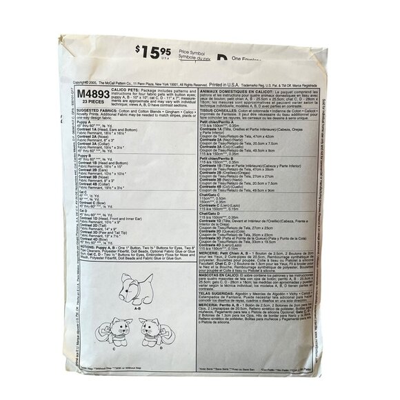 McCalls Crafts Pattern M4893 Cat & Dog Plush Toys Sewing Pattern Size OSZ - Picture 2 of 2